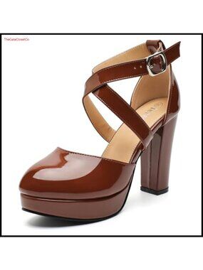 Platform Pumps Crisscross Ankle Strap Chunky Block Heel Closed Round Toe Dress